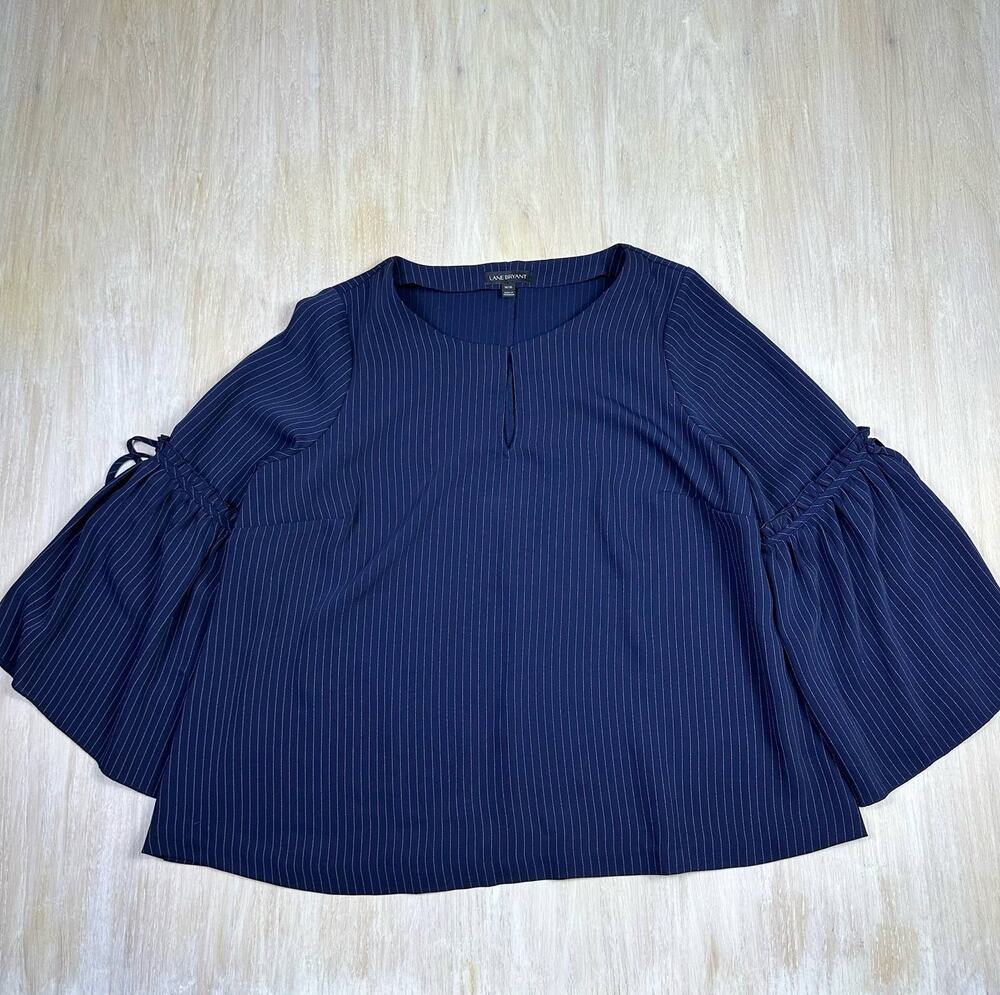 Lane Bryant Navy Key Hole Pin Stripe Bell Sleeve Print Long Sleeve Blouse 14/16